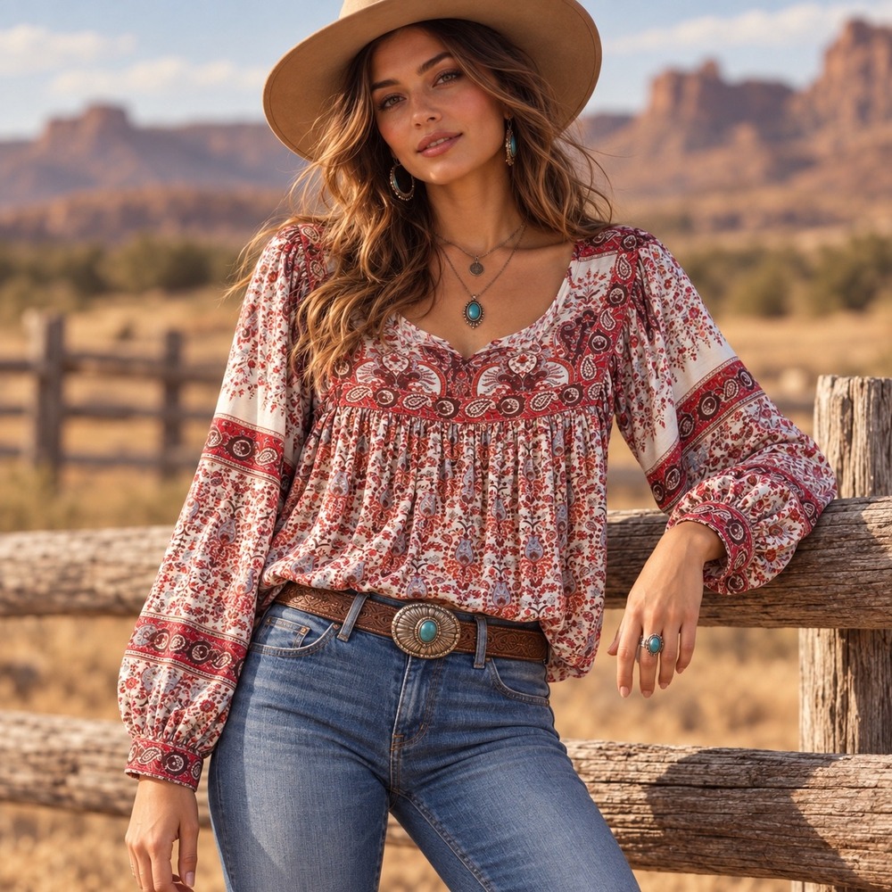 Rachel Zoe XL Boho Chic Paisley Blouse Red White Long Sleeve Top Western